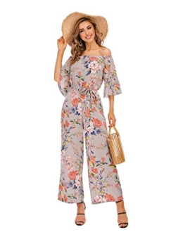 Women's Summer Floral Off Shoulder Ruffled Short Sleeve High Waist Wide Leg Pants Casual Loose Jumpsuit Romper