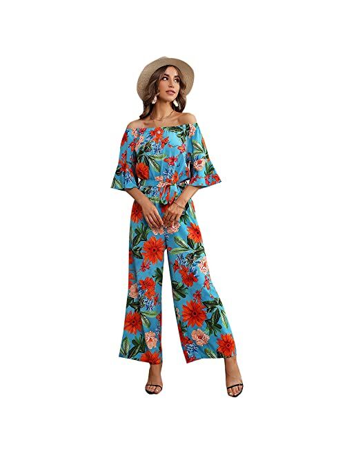 Women's Summer Floral Off Shoulder Ruffled Short Sleeve High Waist Wide Leg Pants Casual Loose Jumpsuit Romper