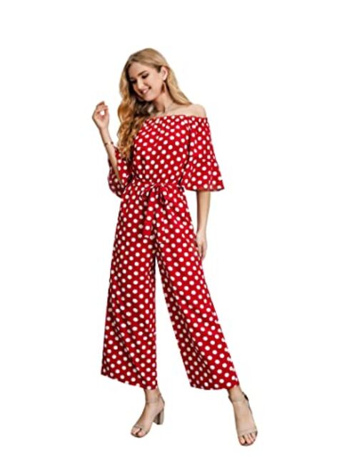 Women's Summer Floral Off Shoulder Ruffled Short Sleeve High Waist Wide Leg Pants Casual Loose Jumpsuit Romper