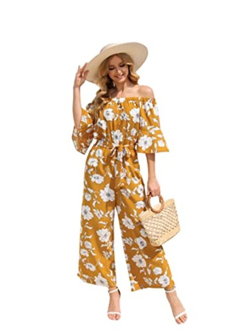 Women's Summer Floral Off Shoulder Ruffled Short Sleeve High Waist Wide Leg Pants Casual Loose Jumpsuit Romper