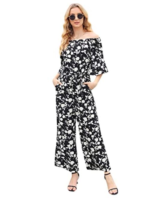 Women's Summer Floral Off Shoulder Ruffled Short Sleeve High Waist Wide Leg Pants Casual Loose Jumpsuit Romper