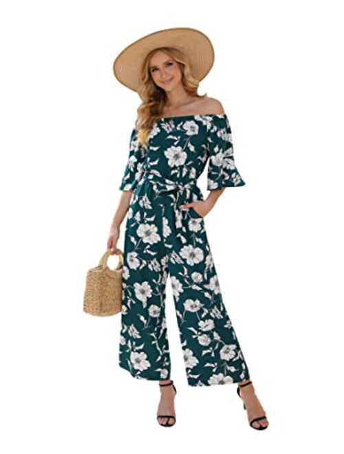 Women's Summer Floral Off Shoulder Ruffled Short Sleeve High Waist Wide Leg Pants Casual Loose Jumpsuit Romper