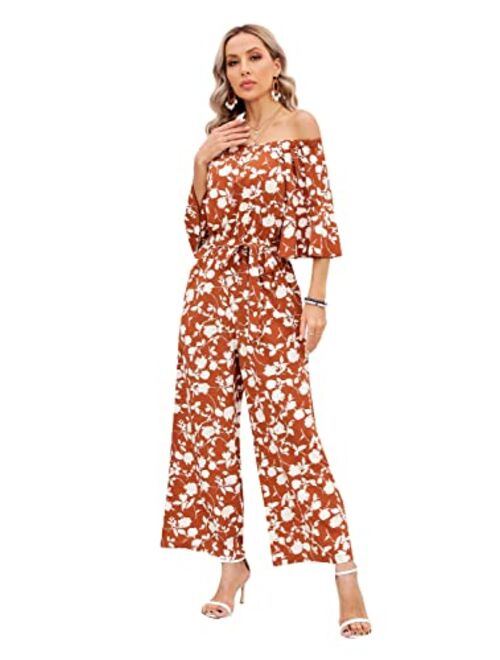 Women's Summer Floral Off Shoulder Ruffled Short Sleeve High Waist Wide Leg Pants Casual Loose Jumpsuit Romper