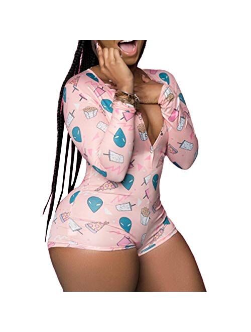 Mylleure Women's Sexy Long Sleeve Short Jumpsuit Button Down V Neck One Piece Bodysuit Club Tank Romper Overall Pajama