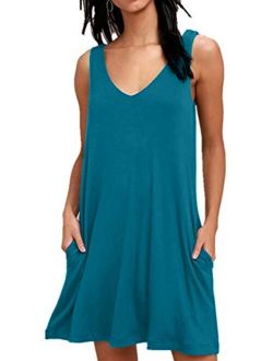 BISHUIGE Women Summer Casual V Neck T Shirt Dresses Beach Cover up Plain Tank Dress