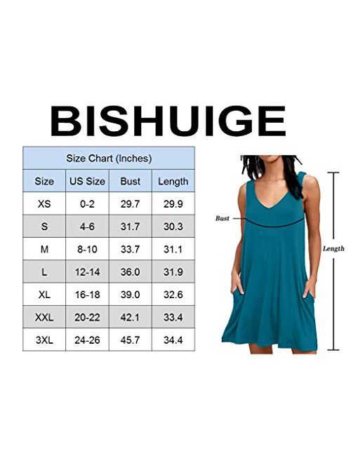 BISHUIGE Women Summer Casual V Neck T Shirt Dresses Beach Cover up Plain Tank Dress