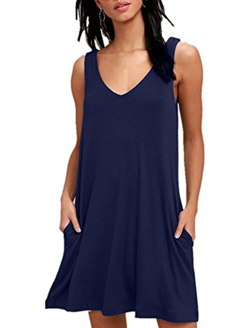 BISHUIGE Women Summer Casual V Neck T Shirt Dresses Beach Cover up Plain Tank Dress