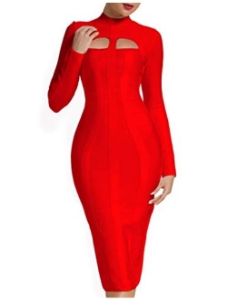 Women's Sexy Cut Out Long Sleeves Midi Bodycon Party Bandage Dress