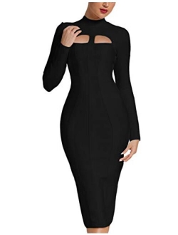 Women's Sexy Cut Out Long Sleeves Midi Bodycon Party Bandage Dress