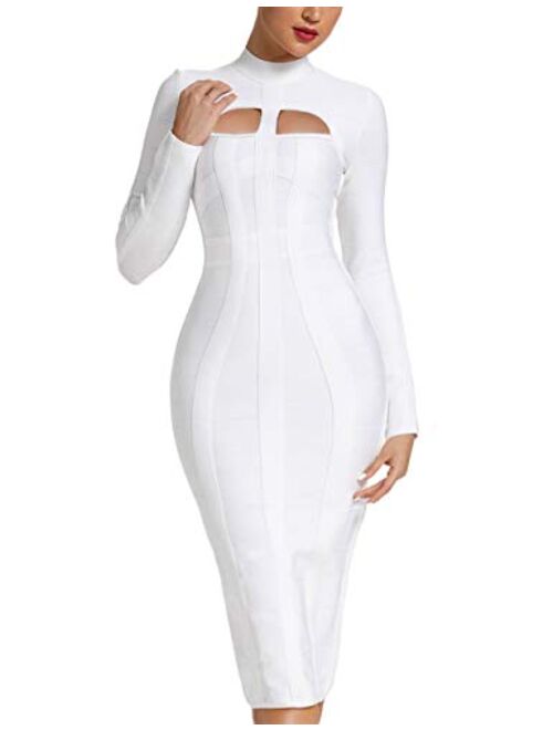 UONBOX Women's Sexy Cut Out Long Sleeves Midi Bodycon Party Bandage Dress