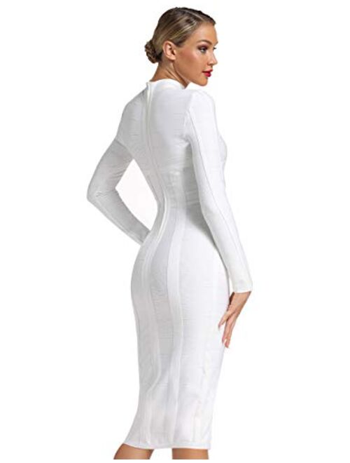 UONBOX Women's Sexy Cut Out Long Sleeves Midi Bodycon Party Bandage Dress