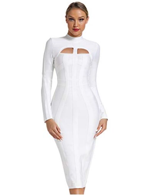 UONBOX Women's Sexy Cut Out Long Sleeves Midi Bodycon Party Bandage Dress