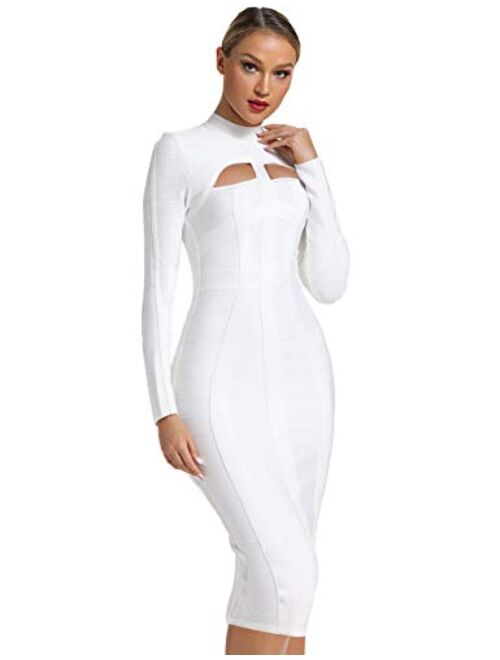 UONBOX Women's Sexy Cut Out Long Sleeves Midi Bodycon Party Bandage Dress