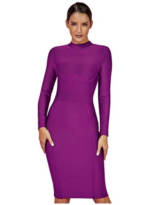 UONBOX Women's Rayon Long Sleeves Midi Fall Winter Night Club Party Bodycon Bandage Dress