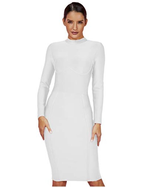 UONBOX Women's Rayon Long Sleeves Midi Fall Winter Night Club Party Bodycon Bandage Dress