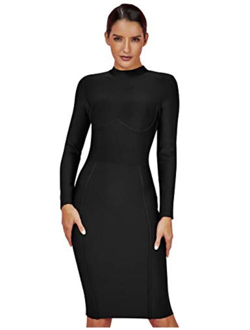 UONBOX Women's Rayon Long Sleeves Midi Fall Winter Night Club Party Bodycon Bandage Dress