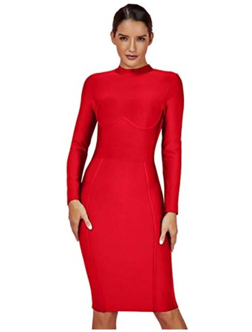 UONBOX Women's Rayon Long Sleeves Midi Fall Winter Night Club Party Bodycon Bandage Dress