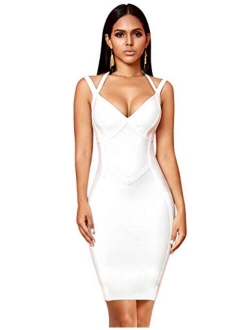 Women's Rayon Sexy V Neck Halter Spaghetti Strap Knee Length Club Bodycon Bandage Dress