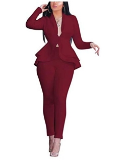 Remelon 2 Piece Outfits for Women Blazer with Pants Deep V Long Sleeve Slim Fit Ruffle Pelplum Business Suit