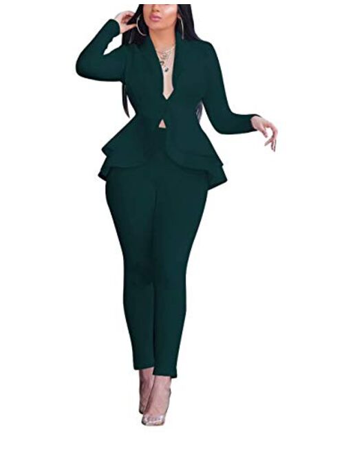 Remelon 2 Piece Outfits for Women Blazer with Pants Deep V Long Sleeve Slim Fit Ruffle Pelplum Business Suit