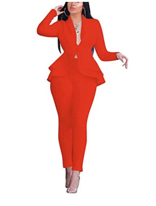 Remelon 2 Piece Outfits for Women Blazer with Pants Deep V Long Sleeve Slim Fit Ruffle Pelplum Business Suit