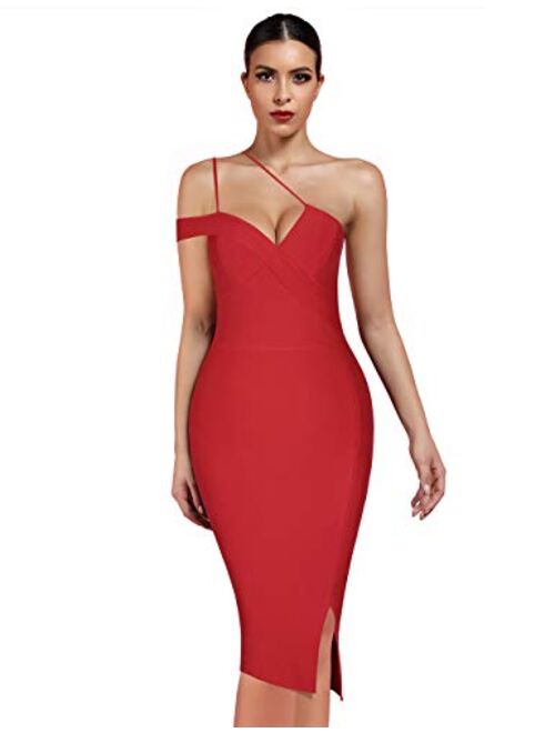 UONBOX Women's Cut Out One Shoulder Sleeveless Split Club Party Fashion Bandage Dress