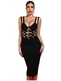 Women's Sexy Cut Out Strappy Bodycon Bandage Club Party Midi Dress with Belt