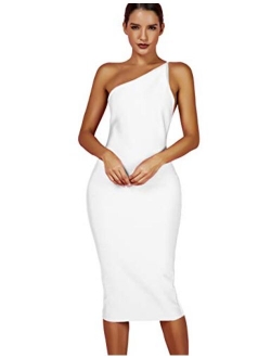 Women's Sexy One Shoulder Open Back Midi Night Party Bodycon Celebrity Bandage Dress