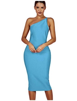 Women's Sexy One Shoulder Open Back Midi Night Party Bodycon Celebrity Bandage Dress