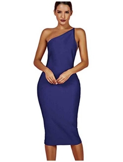 Women's Sexy One Shoulder Open Back Midi Night Party Bodycon Celebrity Bandage Dress