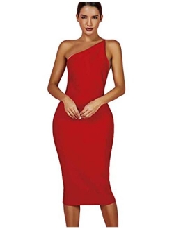 Women's Sexy One Shoulder Open Back Midi Night Party Bodycon Celebrity Bandage Dress