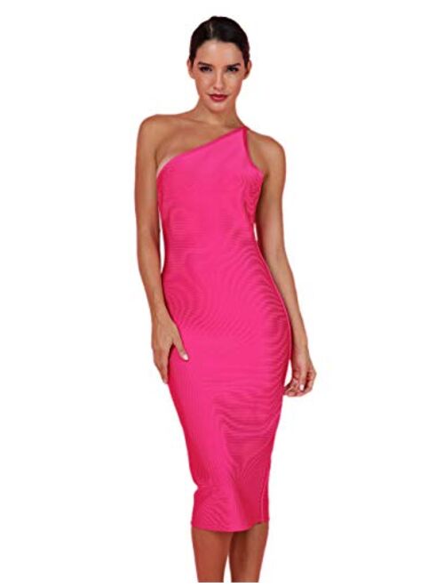 UONBOX Women's Sexy One Shoulder Open Back Midi Night Party Bodycon Celebrity Bandage Dress