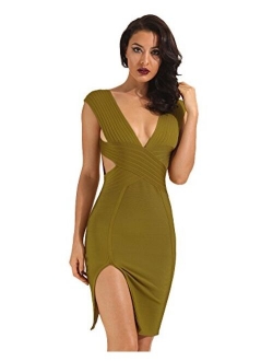 Women's Deep V Neck Open Back Knee Length Club Party Bandage Dress with Split