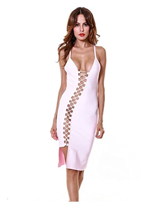 UONBOX Women's Sexy Deep V Neck Lace Up Spagghtti Strap Club Bandage Dress