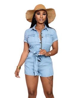 ECHOINE Women's Sexy Ruffled Denim Jumpsuits Solid Wide Leg Long Romper Pants Clubwear