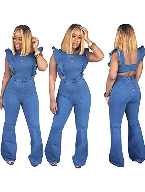 Buy ECHOINE Women s Sexy Ruffled Denim Jumpsuits Solid Wide Leg Long Romper Pants Clubwear online Topofstyle