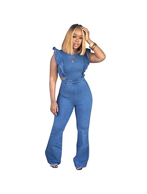 ECHOINE Women's Sexy Ruffled Denim Jumpsuits Solid Wide Leg Long Romper Pants Clubwear