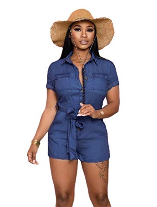 ECHOINE Women's Sexy Ruffled Denim Jumpsuits Solid Wide Leg Long Romper Pants Clubwear