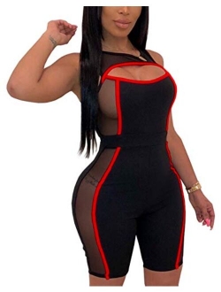 SeNight Rompers for Women Summer Sexy Sleeveless Jumpsuits Bodycon Mesh Shorts Jumpsuit