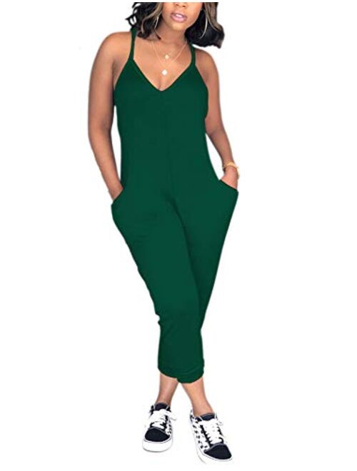 QUEENIE VISCONTI Women's Summer Jumper Racerback V Neck One Piece Romper Harem Pants Overalls Jumpsuits