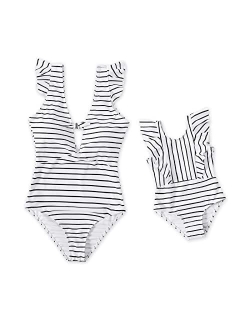 IFFEI Mommy and Me Swimsuit One Piece Leaves Printed V Neck Family Matching Swimwear