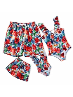 IFFEI Mommy and Me Swimsuit One Piece Leaves Printed V Neck Family Matching Swimwear