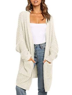 Women's Long Batwing Sleeve Open Front Chunky Knit Cardigan Sweater with Pockets