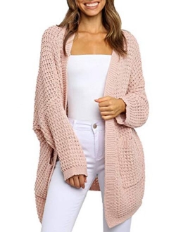 Women's Long Batwing Sleeve Open Front Chunky Knit Cardigan Sweater with Pockets