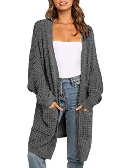 Women's Long Batwing Sleeve Open Front Chunky Knit Cardigan Sweater with Pockets