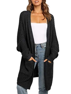 Women's Long Batwing Sleeve Open Front Chunky Knit Cardigan Sweater with Pockets