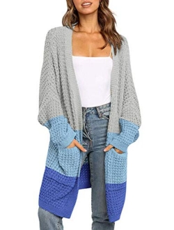 Women's Long Batwing Sleeve Open Front Chunky Knit Cardigan Sweater with Pockets