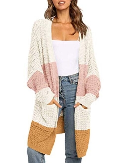 Women's Long Batwing Sleeve Open Front Chunky Knit Cardigan Sweater with Pockets