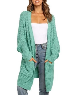 Women's Long Batwing Sleeve Open Front Chunky Knit Cardigan Sweater with Pockets