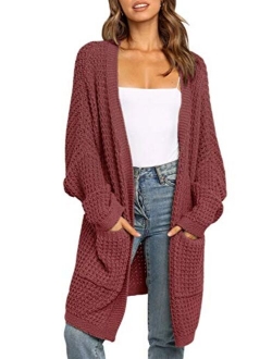 Women's Long Batwing Sleeve Open Front Chunky Knit Cardigan Sweater with Pockets